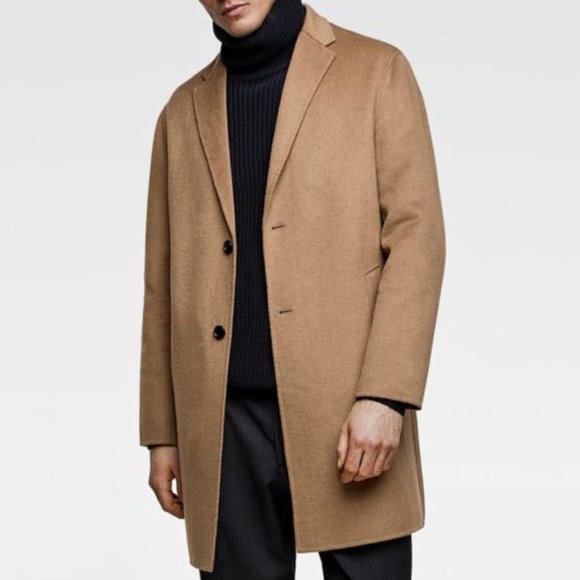 ZARA Camel Wool Blend Buttoned Lapel Collar Coat